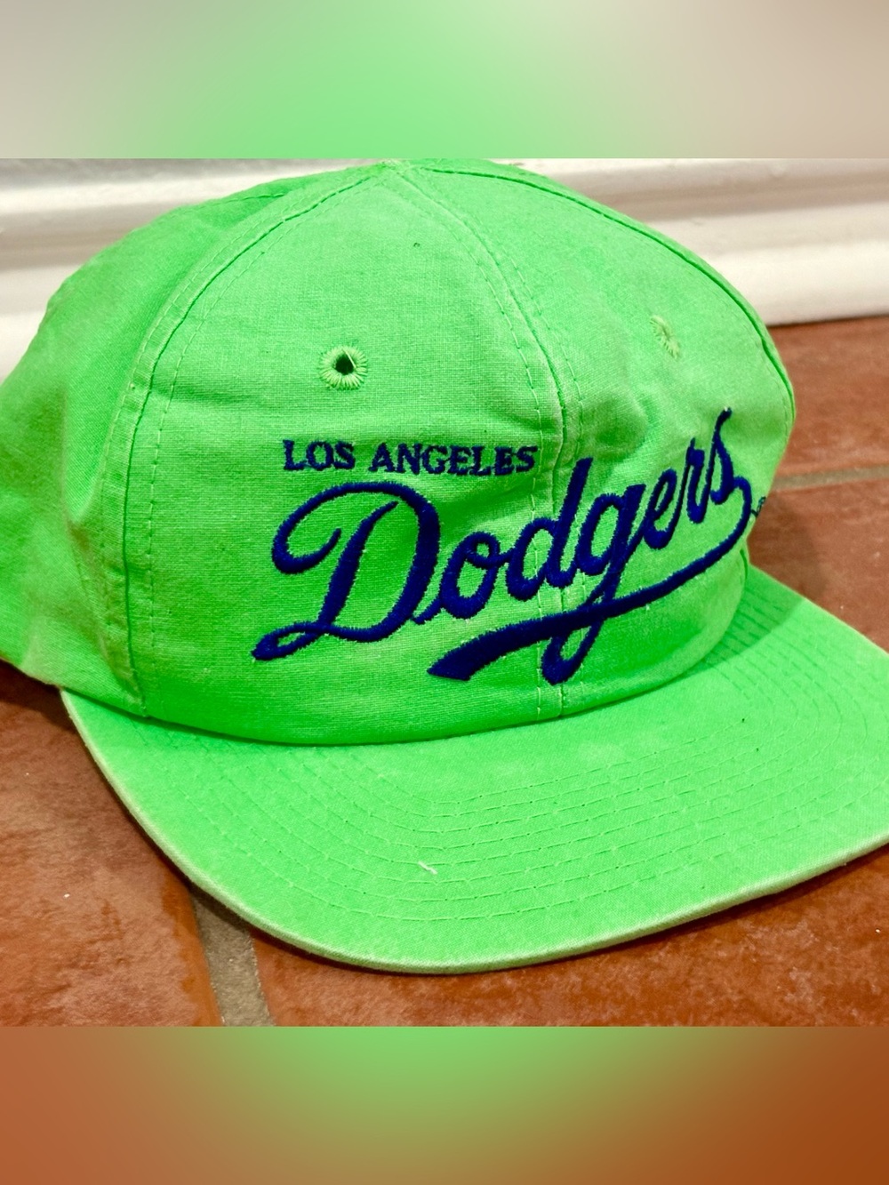 Vtg 90's Twins Script Los Angeles Dodgers Neon Green Snapback